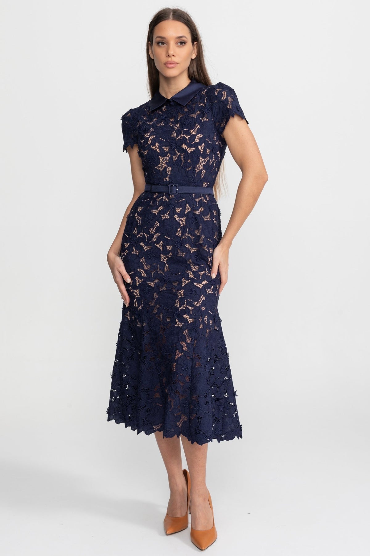 ATISSE – Women’s Navy Lace Midi Dress – Floral Lace Belted Dress – Elegant Evening & Occasion Dress