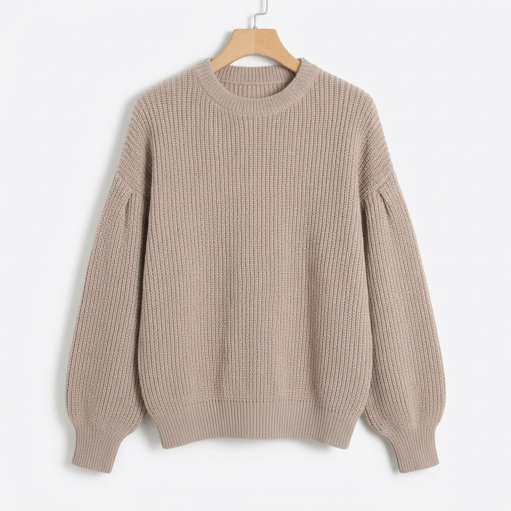 ATISSE SIENNA – Women's Cashmere Knit Sweater – Oversized Ribbed Balloon Sleeve Winter Pullover