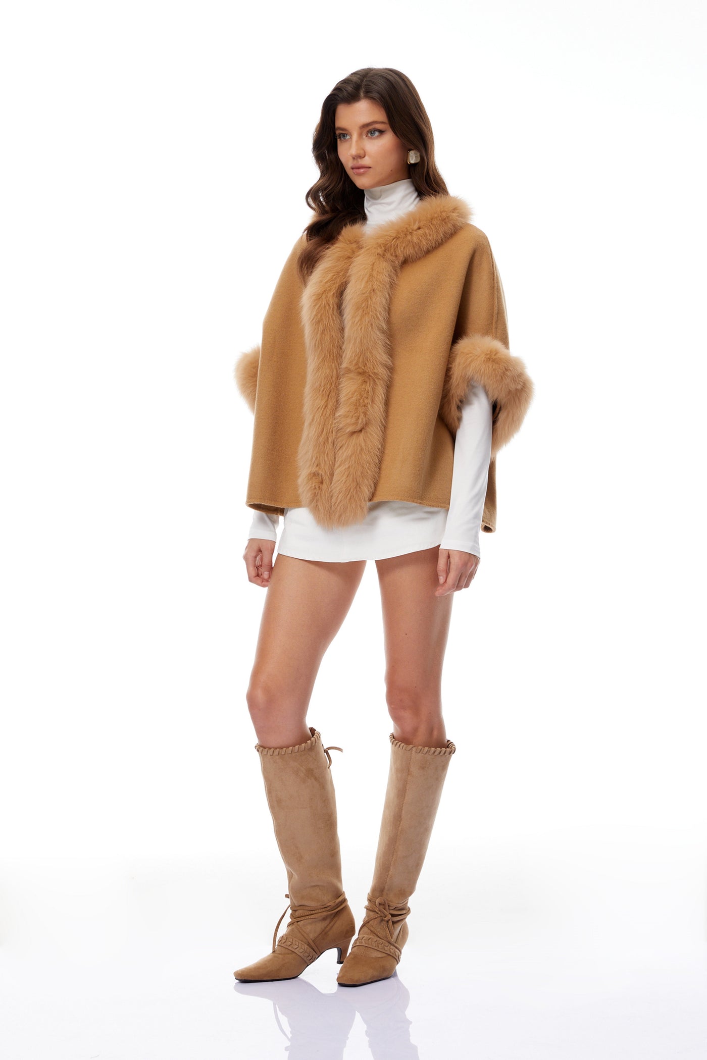 ATISSE EVERLEIGH – Women's Camel Wool Cape Coat – Luxury Fur Trim Winter Coat