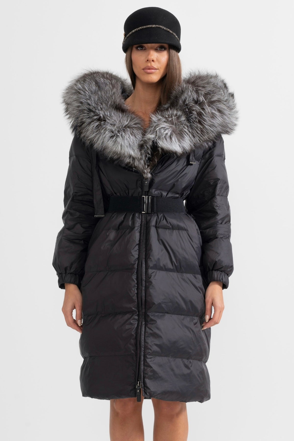 ATISSE – Women’s Long Puffer Jacket – Gray Fox Fur Hood – Black Down Winter Coat