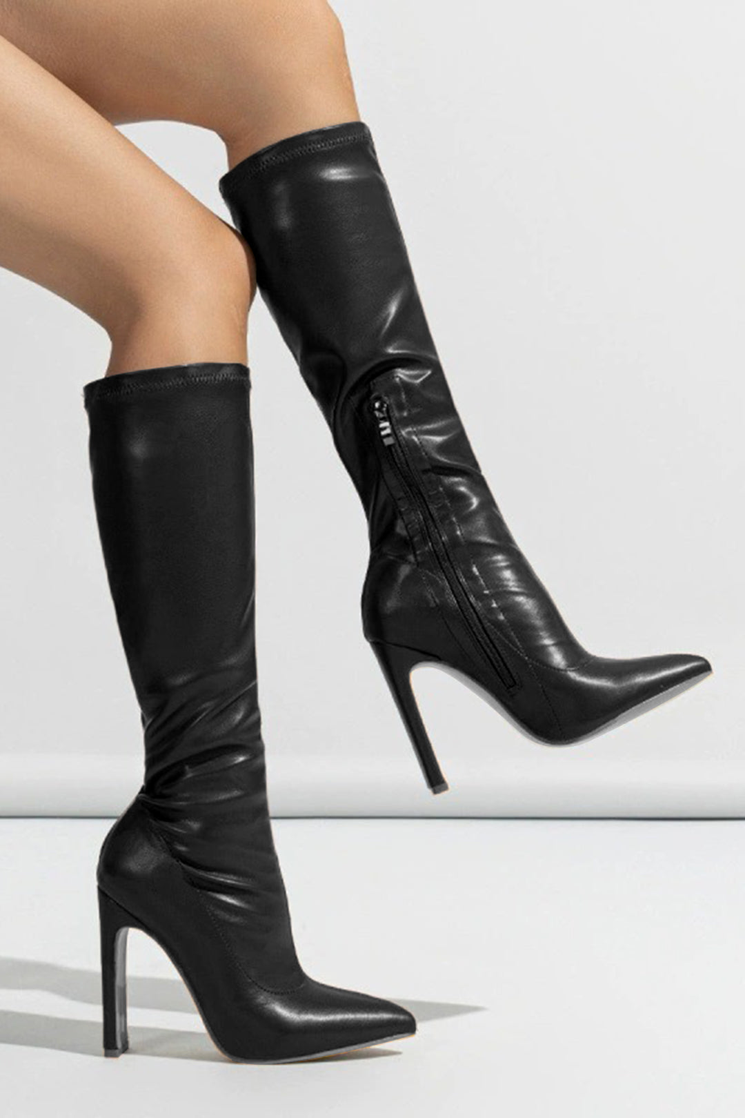 ATISSE NOIR EDGE – Damen-Kniehohe Stiefel – Schwarze High-Heel-Stiefel mit spitzer Zehenpartie