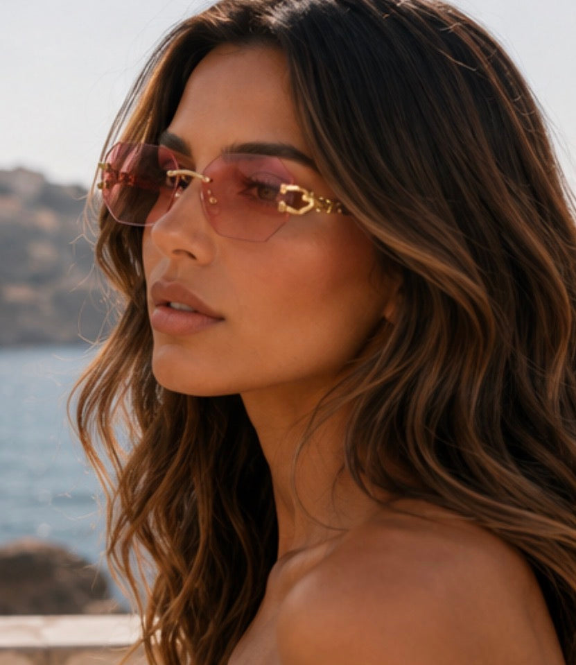 ATISSE ROSÉ ÉCLAT – Luxuriöse randlose Sonnenbrille für Damen – Rosa UV400 Sonnenbrille