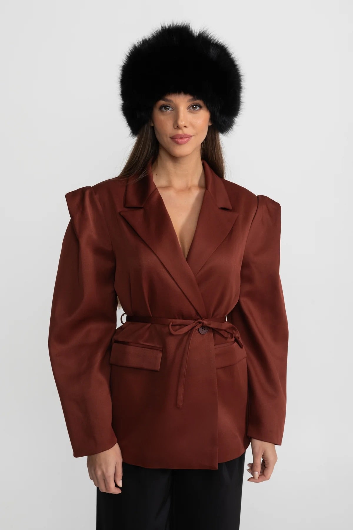 ATISSE – Women's Chestnut Brown Satin Blazer – Structured Tailored Blazer with Tie Waist Belt & Padded Shoulders