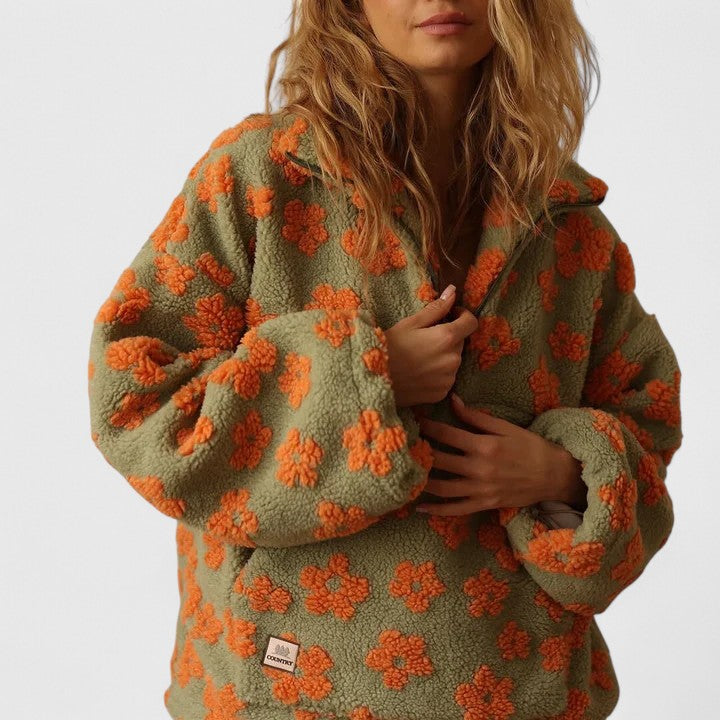 ATISSE DELYSANNE – Women's Floral Print Sherpa Fleece Pullover – Oversized Quarter Zip Teddy Sweatshirt