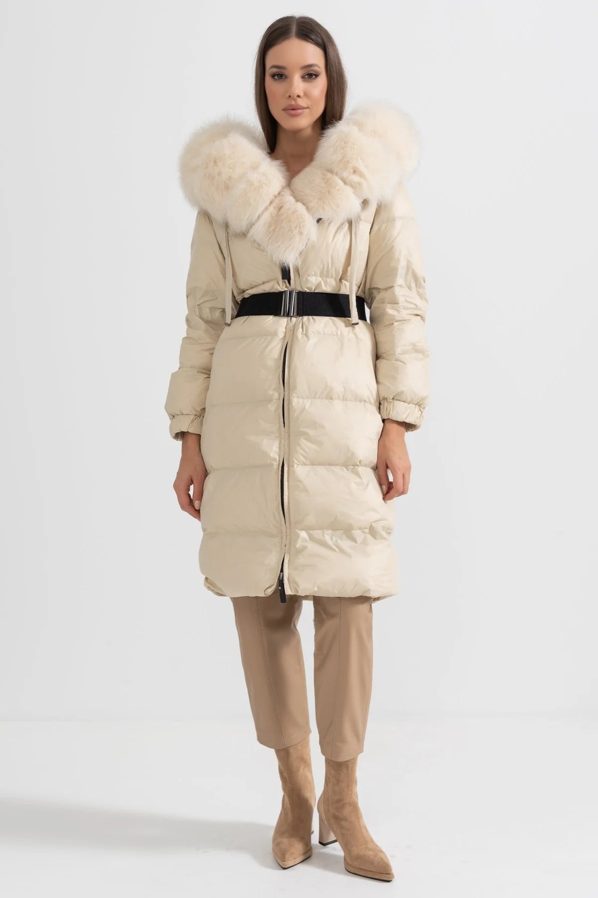 ATISSE – Women’s Long Puffer Jacket – White Fox Fur Hood – Ivory Down Winter Coat