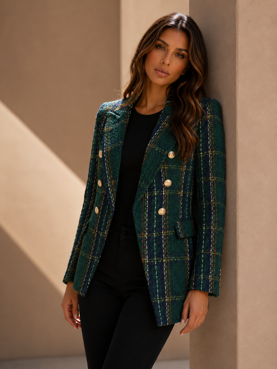 ATISSE – Women's Plaid Double Breasted Blazer – Tailored Check Jacket with Gold Buttons – Elegant Long Sleeve Workwear Blazer