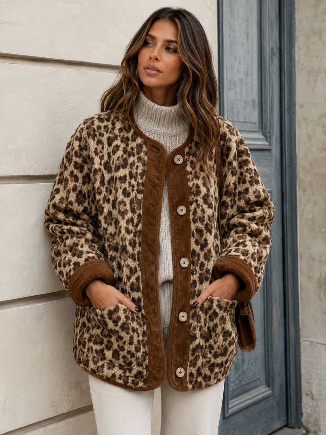 ATISSE LEONA – Women's Leopard Print Jacket – Warm Faux Fur Contrast Trim Statement Coat