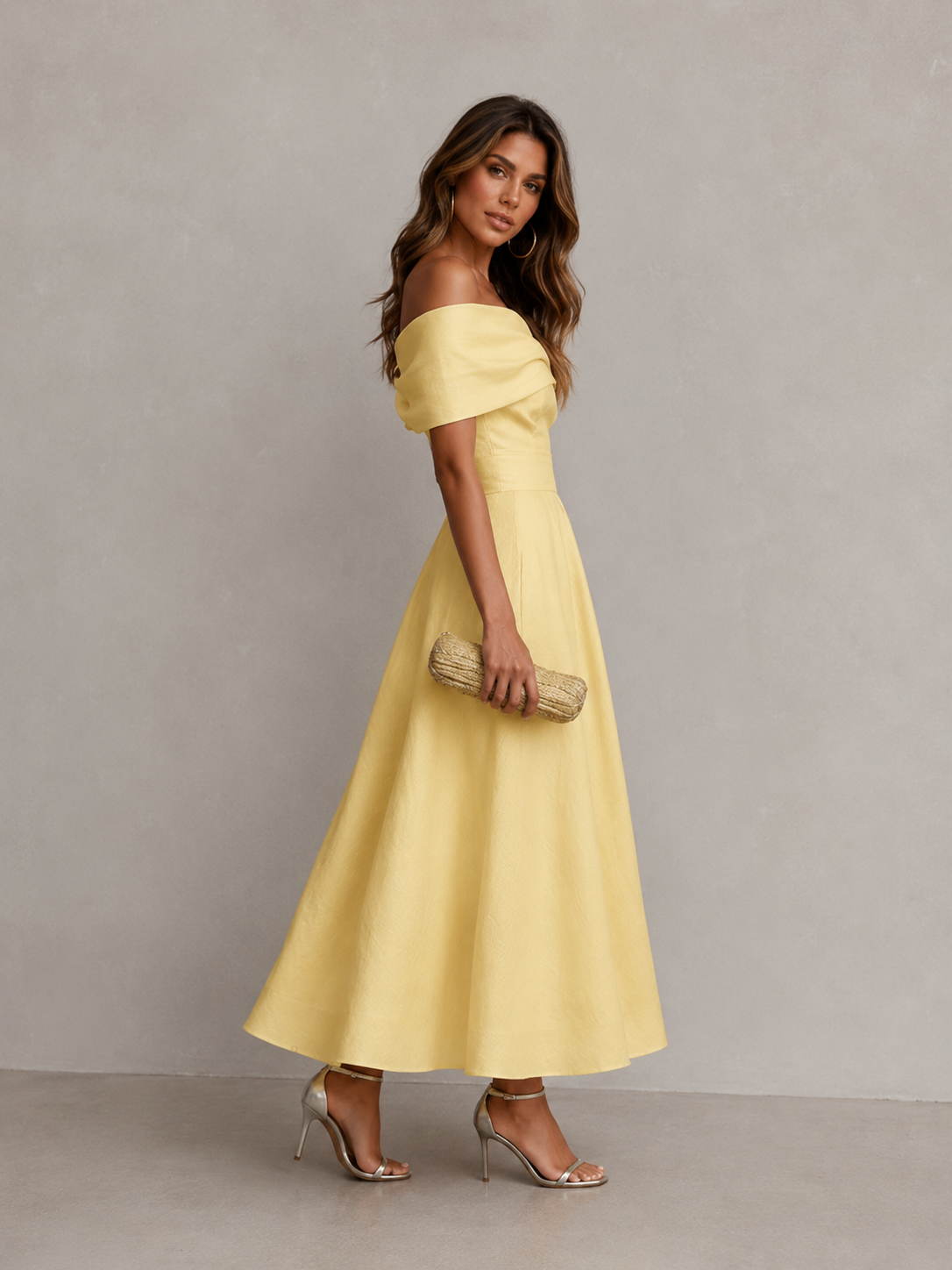ATISSE SOLARA ICON – Damen Midikleid mit One-Shoulder-Träger – Elegantes gelbes Partykleid für den Sommer