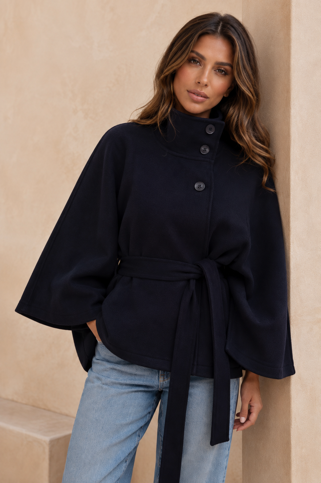 ATISSE – Women's Belted Cape Coat – High Neck Wool Blend Winter Poncho Jacket