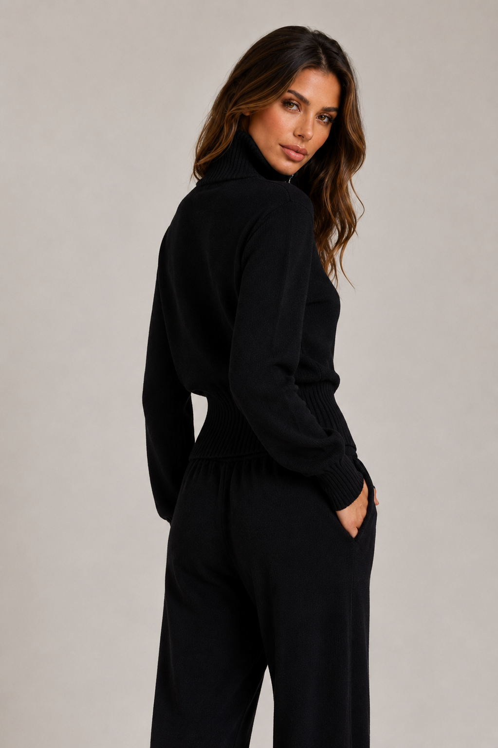 ATISSE – Women's Knit Zip Jacket – Black Ribbed Cardigan