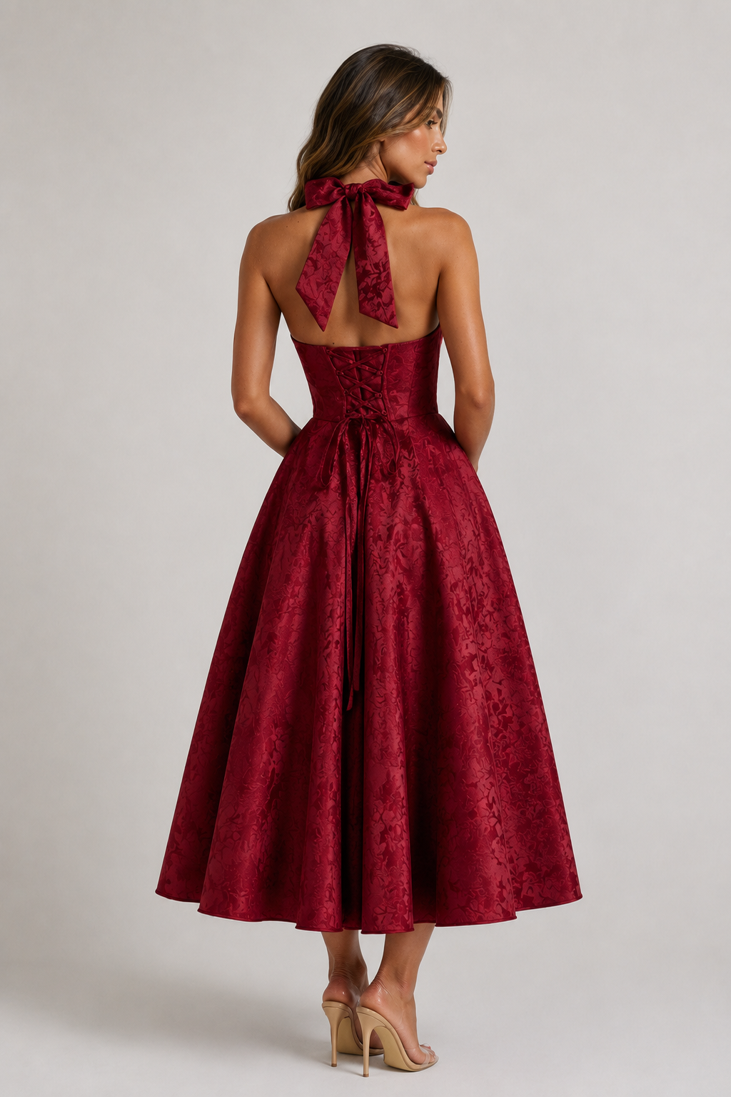 ATISSE EFFIE – Vestido midi halter de jacquard floral para mujer – Elegante vestido de ocasión en rojo