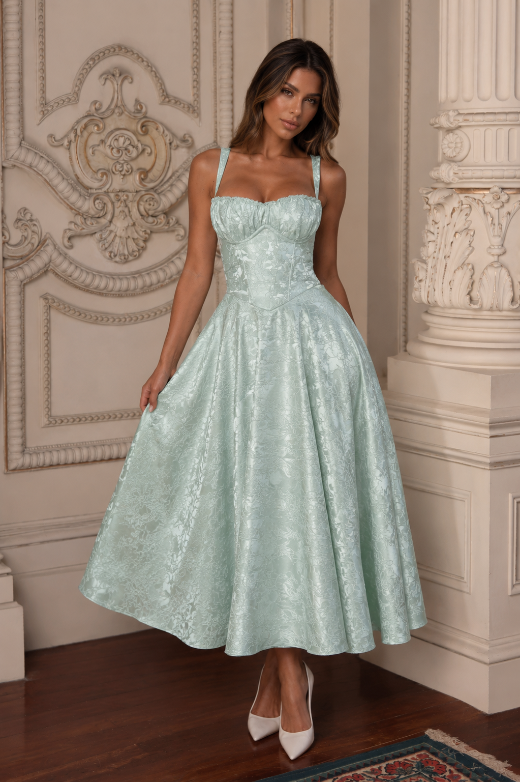 ATISSE AMITY – Damen Midi-Kleid mit Spitzenbesatz – Korsett-Kleid für besondere Anlässe in Mint