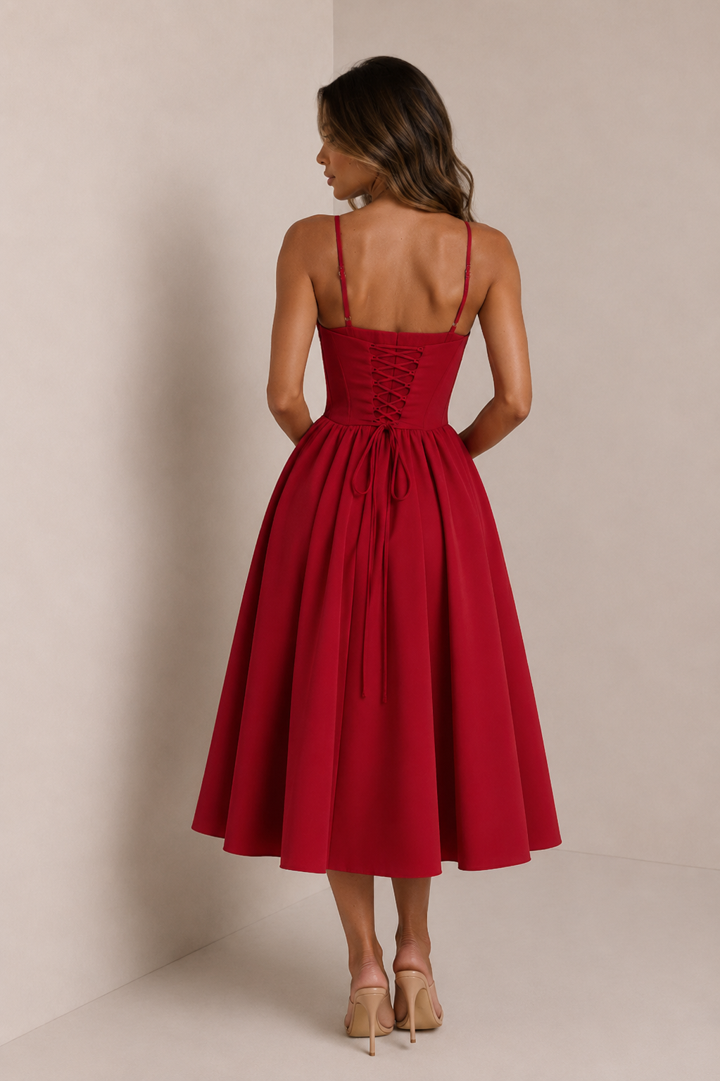 ATISSE MARIELLA – Vestido midi corsé para mujer – Vestido de ocasión evasé en rojo