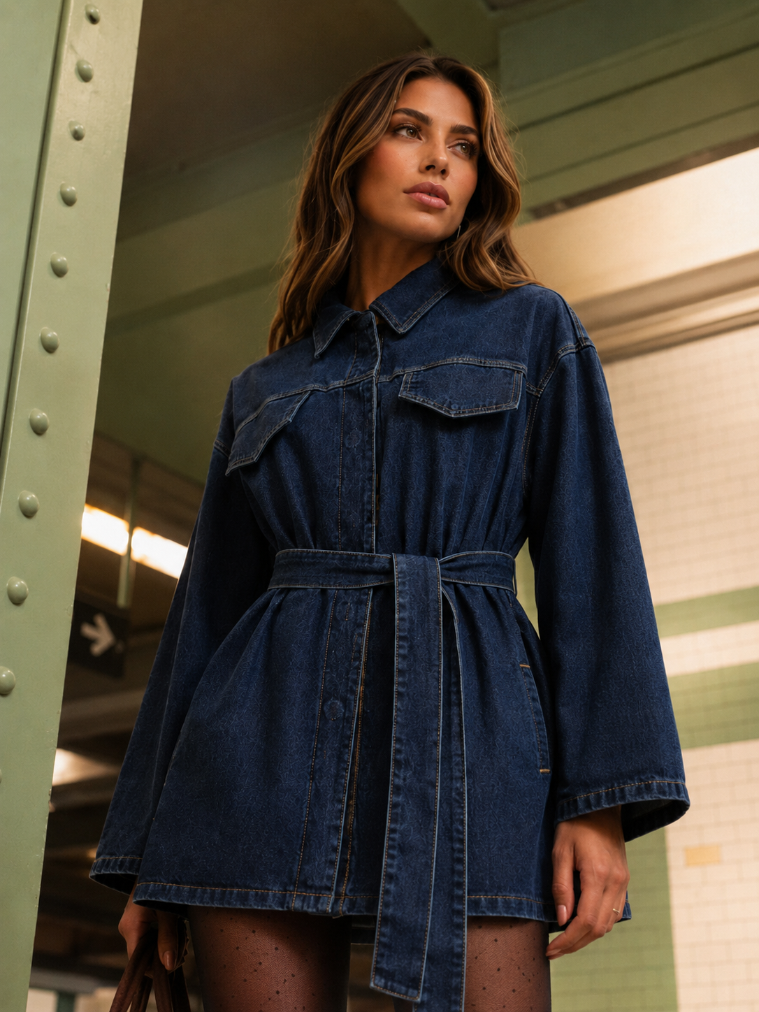 ATISSE – Women's Belted Denim Shirt Jacket – Cotton Jean Jacket with Waist Belt