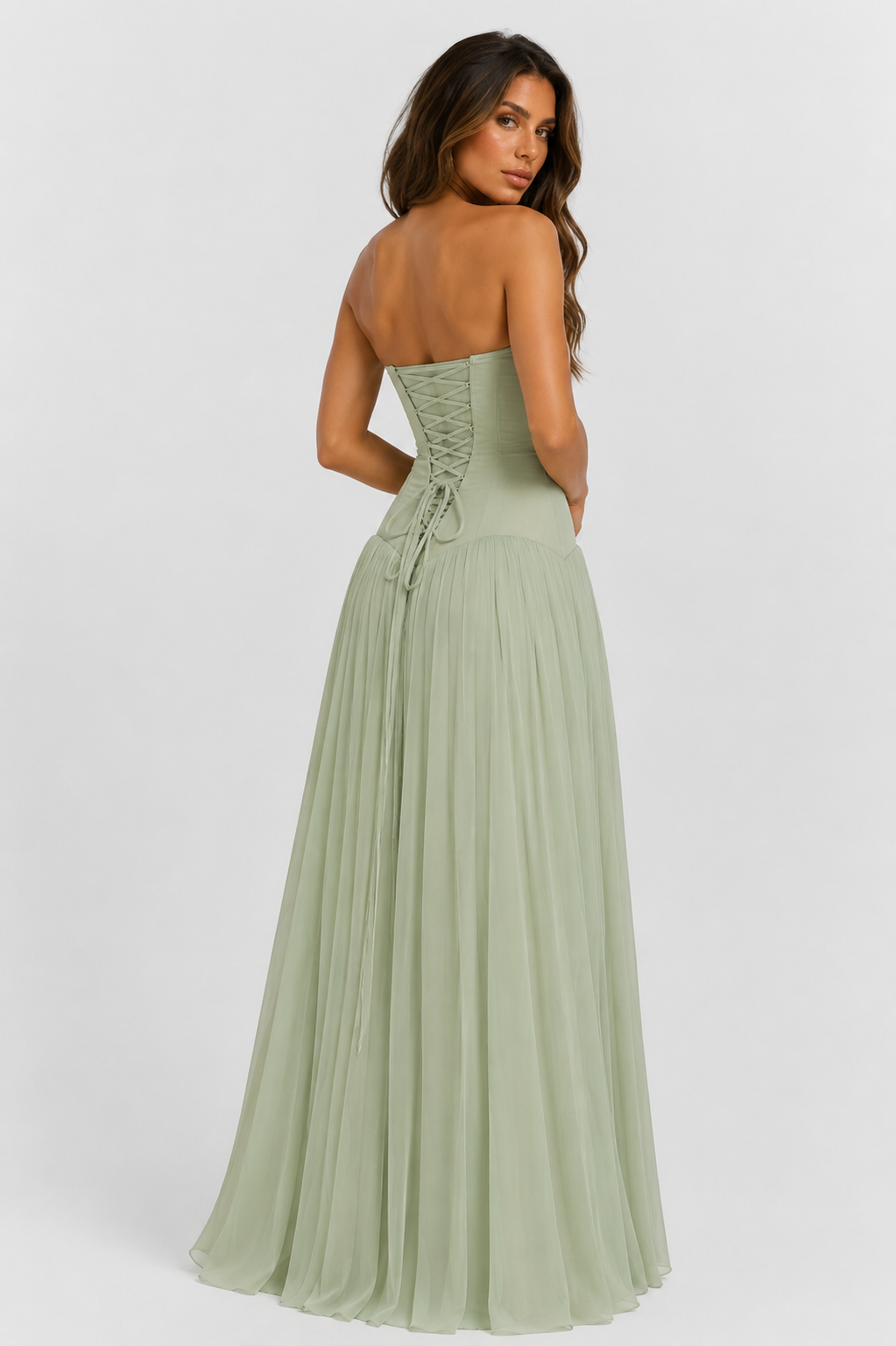 ATISSE SALOME – Vestido maxi plisado palabra de honor con cuerpo estilo corsé para mujer – Verde salvia