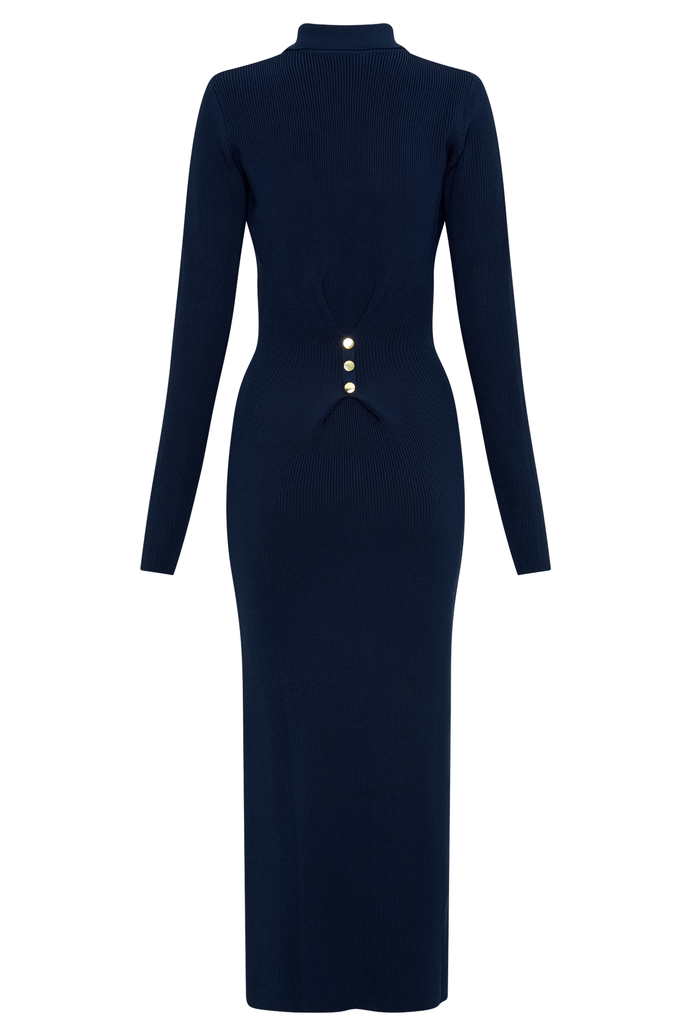 ATISSE ABBEY – Vestido midi de punto canalé con botonadura y cuello camisero para mujer – Azul marino