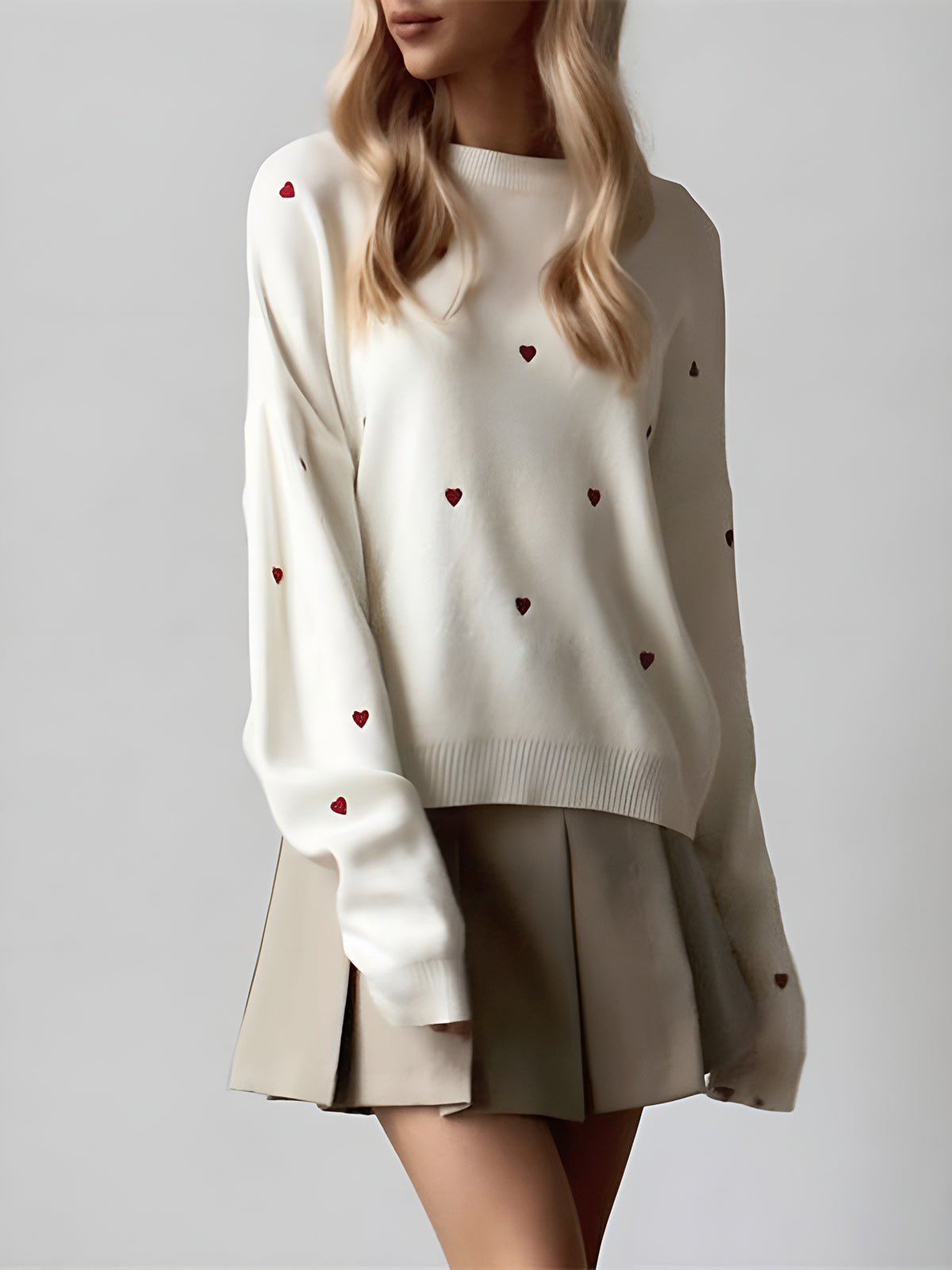 ATISSE – Women's Embroidered Heart Oversized Knit Sweater – Relaxed Fit Warm Cotton Winter Pullover