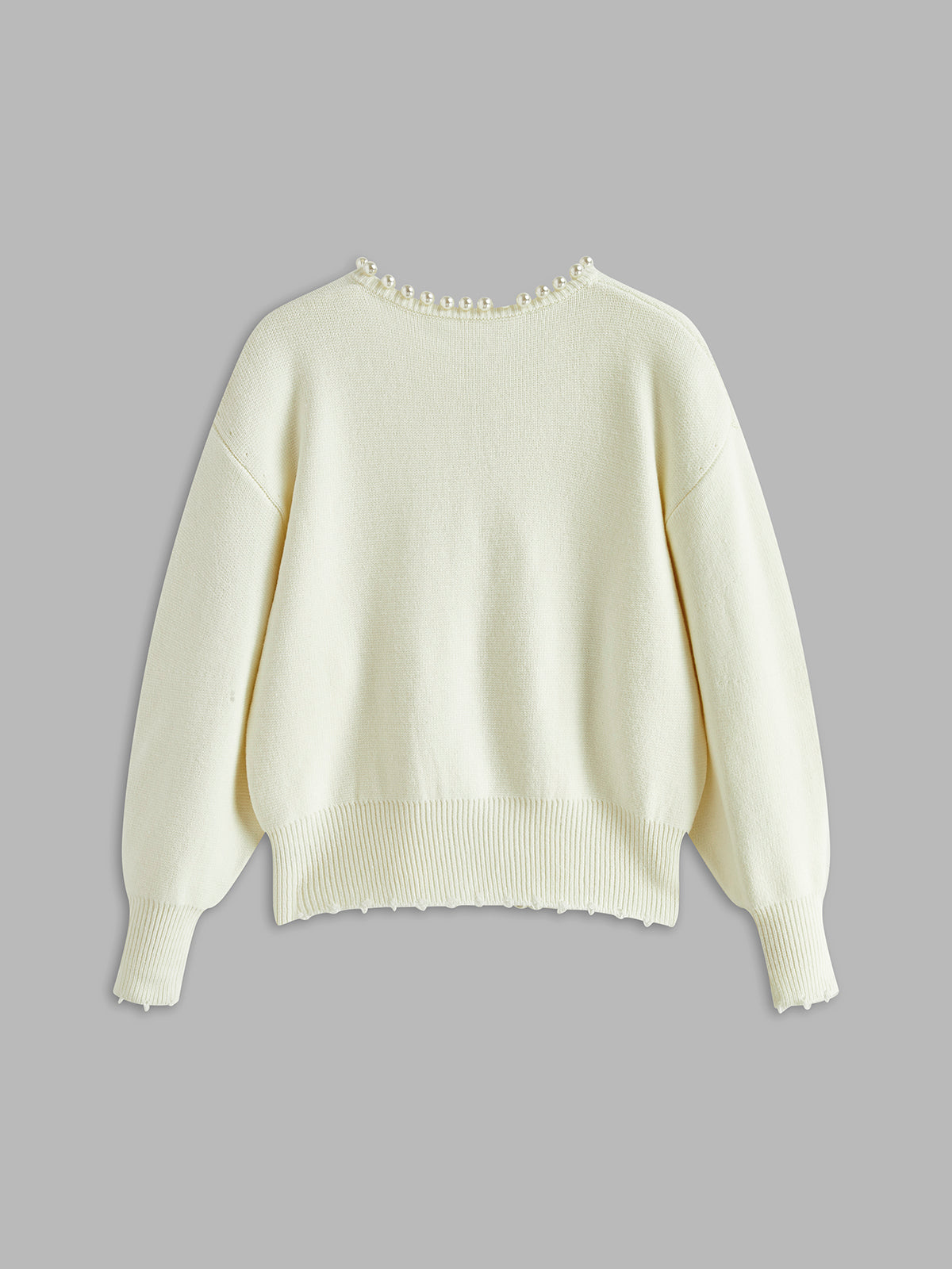 ATISSE PEARL – Women's Pearl Trim Knit Cardigan – Distressed Hem Sweater