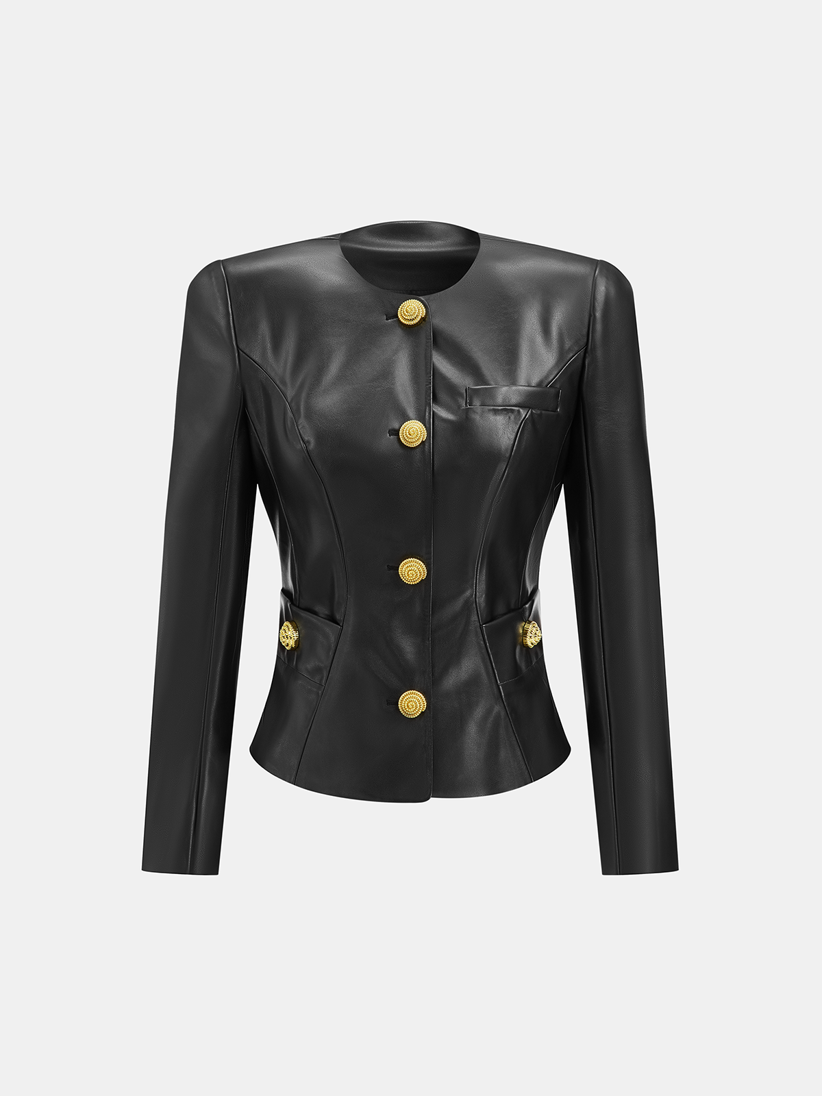 ATISSE – Women's Faux Leather Blazer – Fitted Round Neck Jacket with Gold Metal Buttons