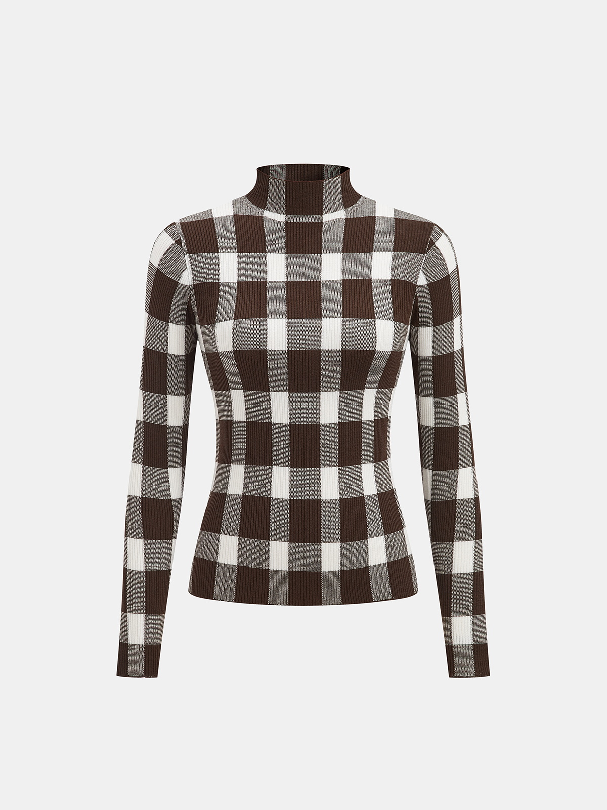 ATISSE – Women's Checked Wool-Blend Mock Neck Knit Top – Slim Fit Plaid Winter Sweater