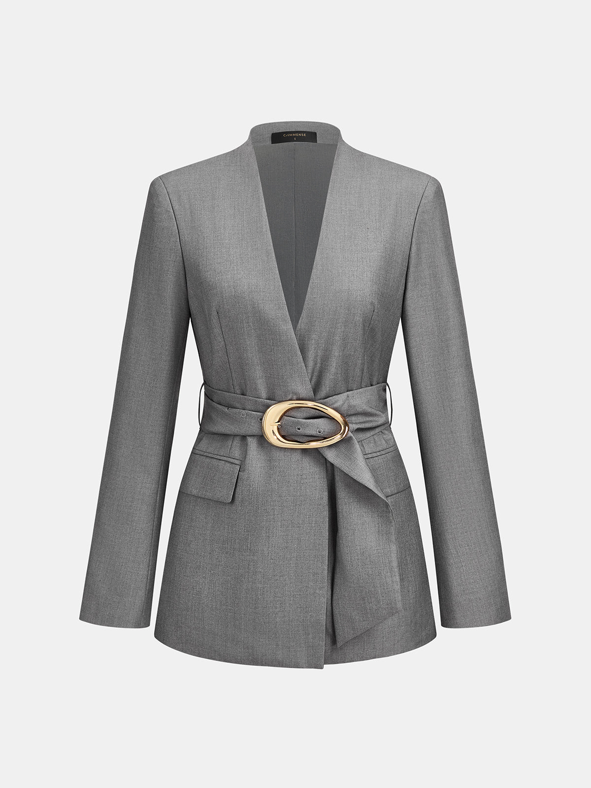 ATISSE – Women’s Belted Wrap Blazer – V-Neck Tailored Jacket – Elegant Grey Office Blazer