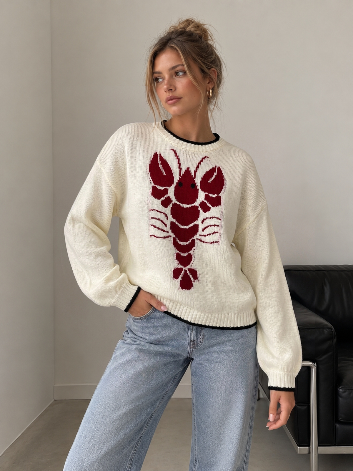 ATISSE – Women's Lobster Jacquard Knit Sweater – Contrast Trim Crew Neck Pullover – Statement Winter Knitwear