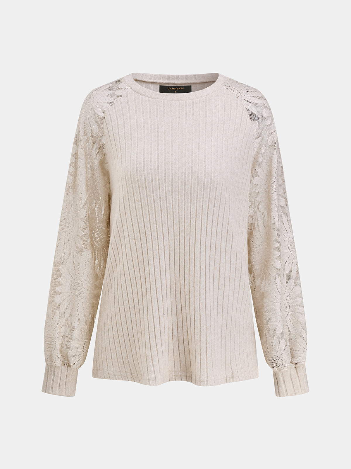 ATISSE – Women's Beige Ribbed Knit Blouse – Floral Lace Long Sleeves – Crew Neck Top