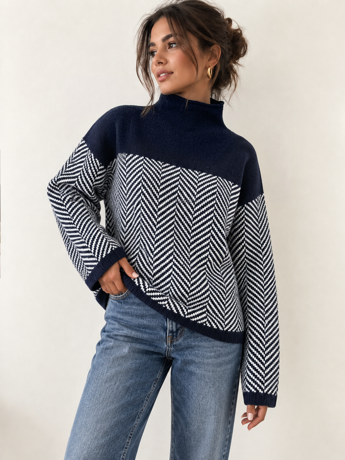 ATISSE – Women's Navy Blue Herringbone Knit Sweater – Color Block Mock Neck Long Sleeve