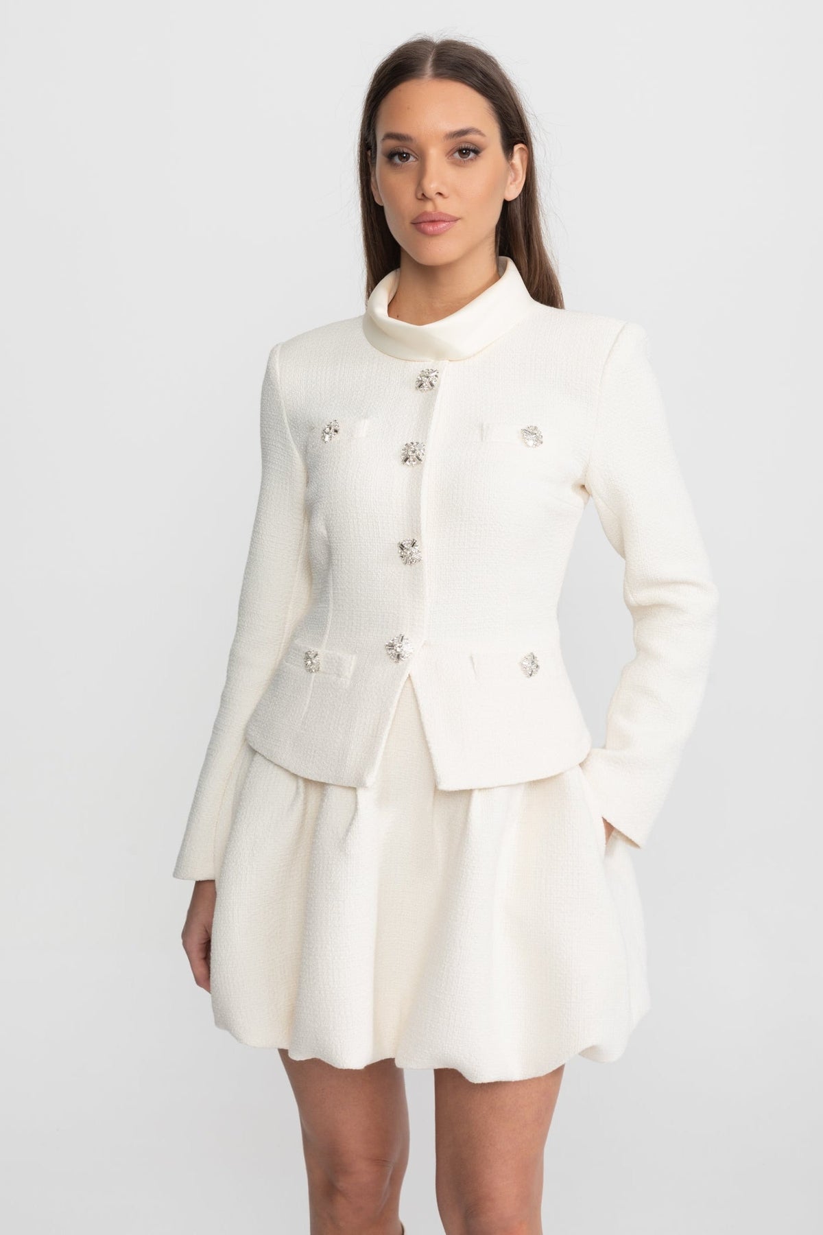ATISSE – Women's Ivory Mini Dress – Crystal Button Detail, Structured Fit & Long Sleeves