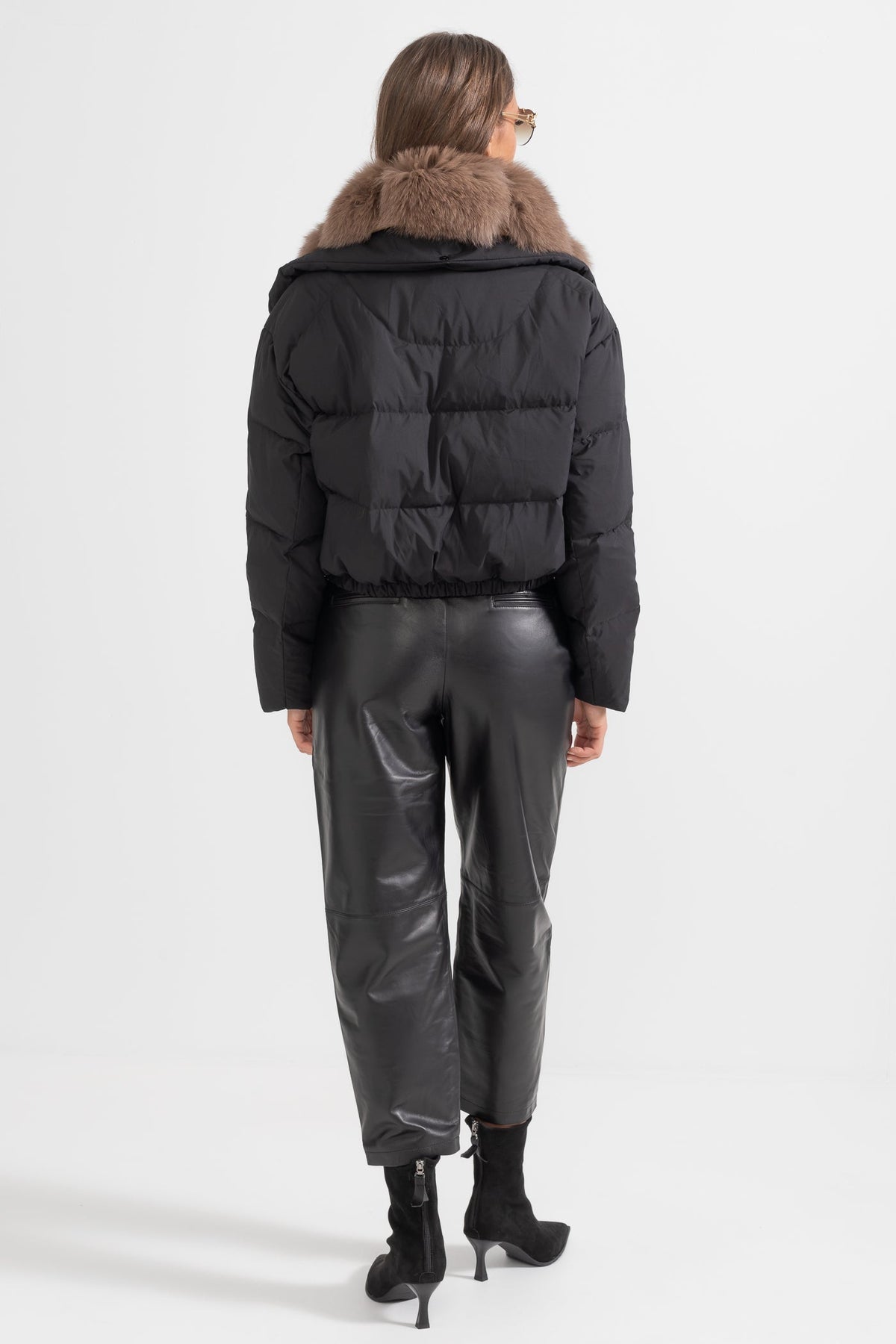 ATISSE – Women’s Black Puffer Jacket – Brown Fox Fur Hood – Luxury Down Winter Coat