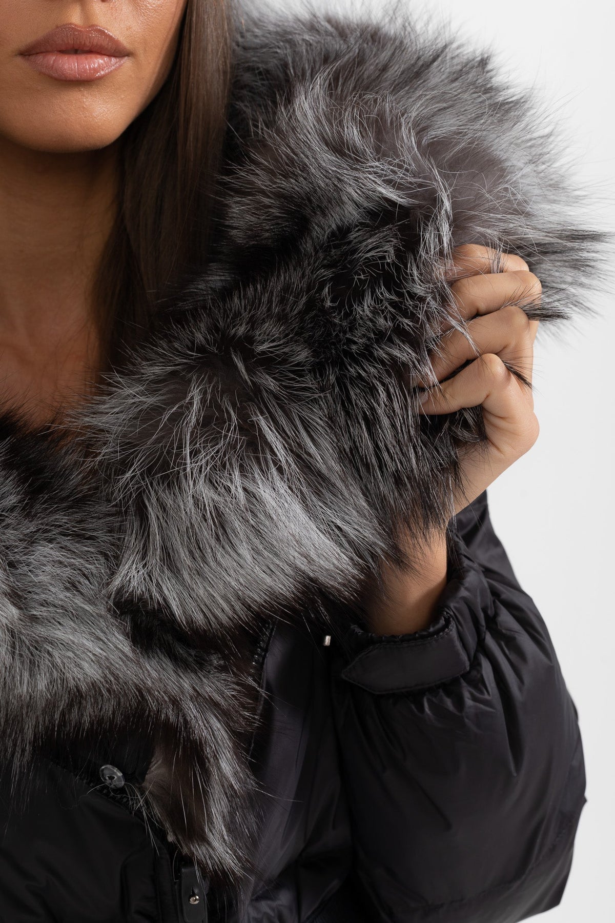 ATISSE – Women’s Long Puffer Jacket – Gray Fox Fur Hood – Black Down Winter Coat