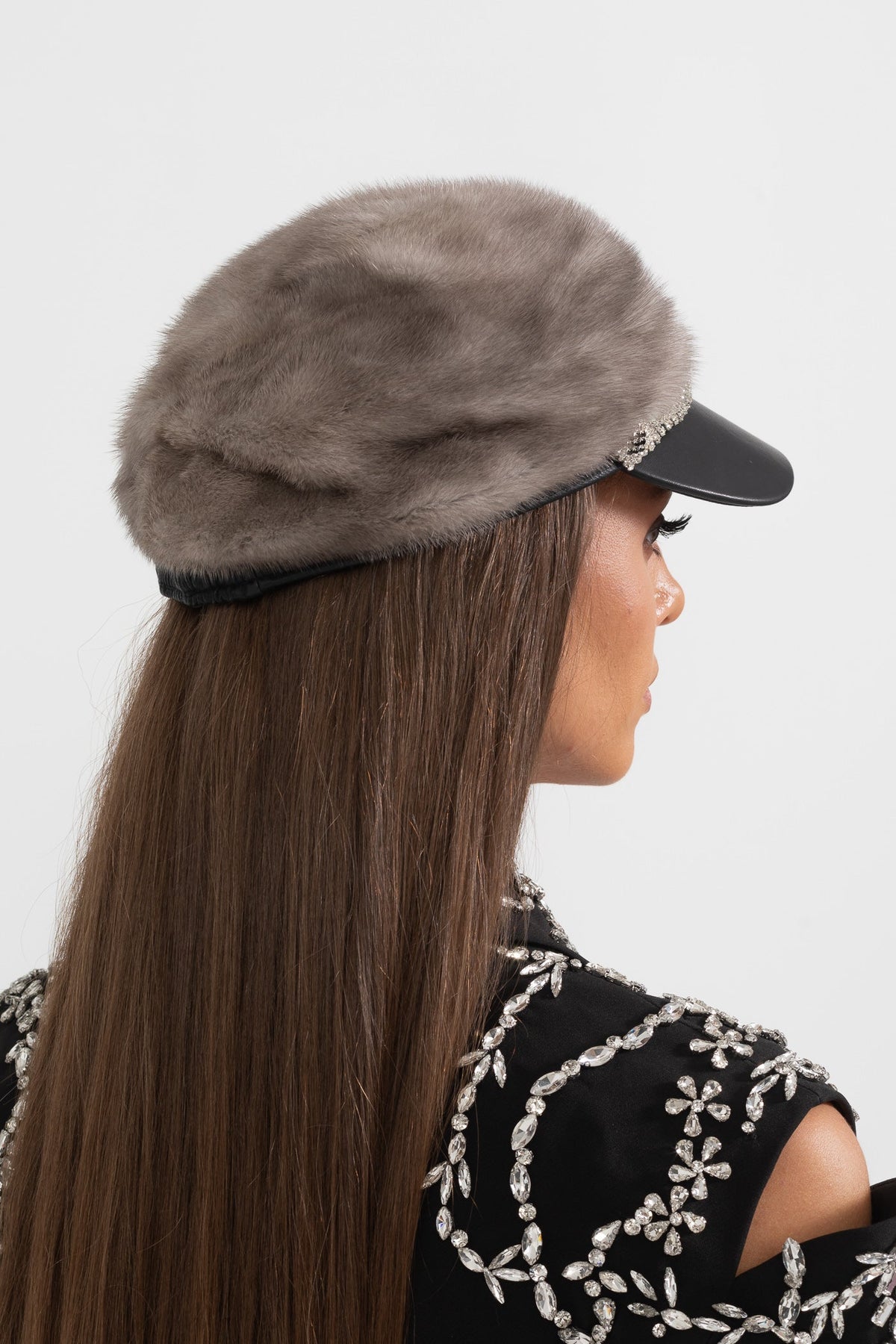 ATISSE – Women’s Gray Mink Fur Hat – Leather Visor & Silver Chain Winter Cap