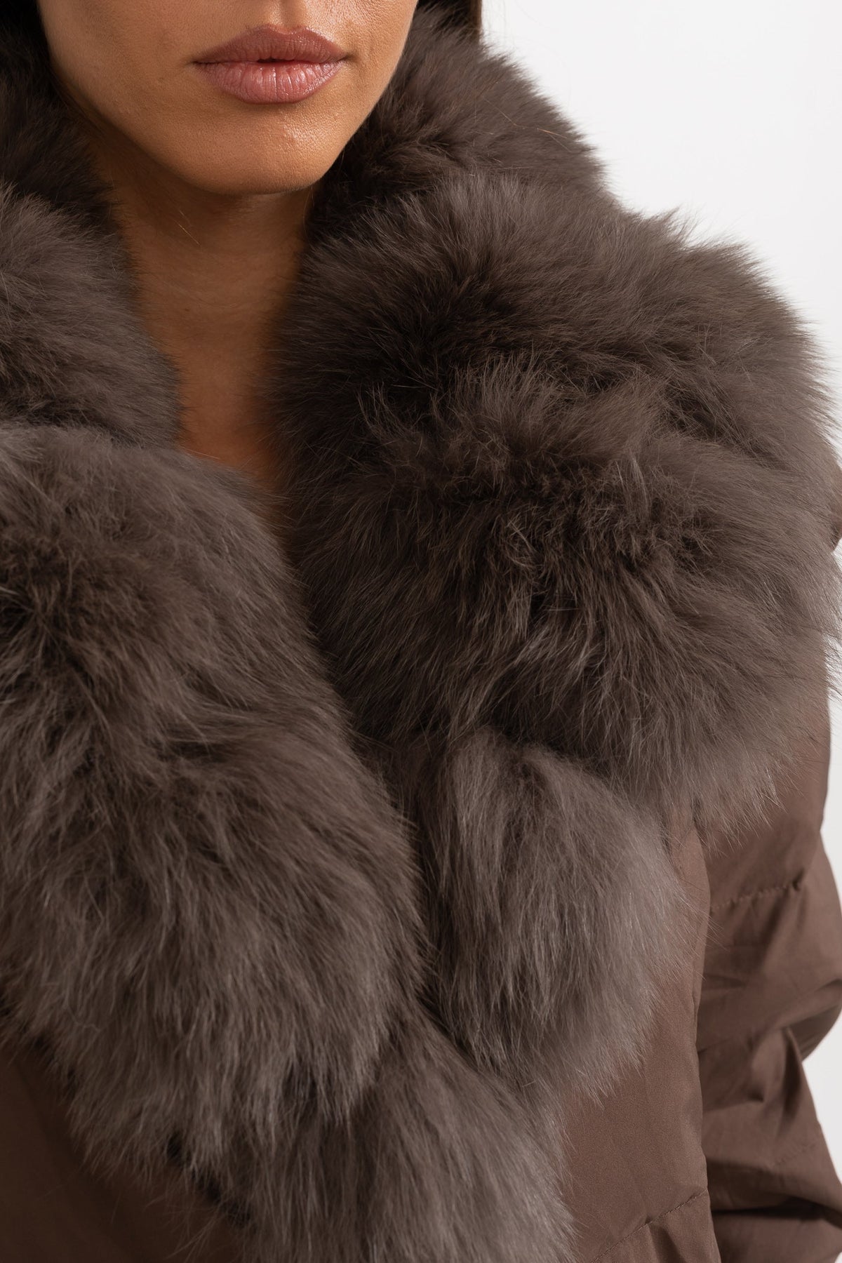 ATISSE – Women’s Brown Puffer Jacket – Brown Fox Fur Hood – Luxury Down Winter Coat