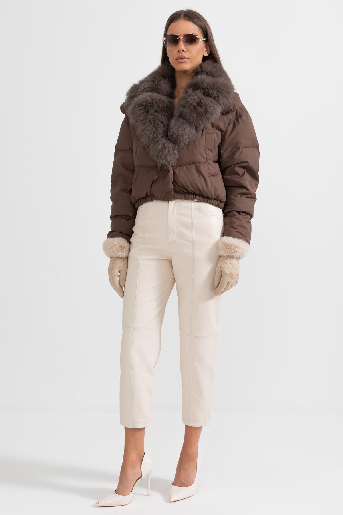 ATISSE – Women’s Brown Puffer Jacket – Brown Fox Fur Hood – Luxury Down Winter Coat