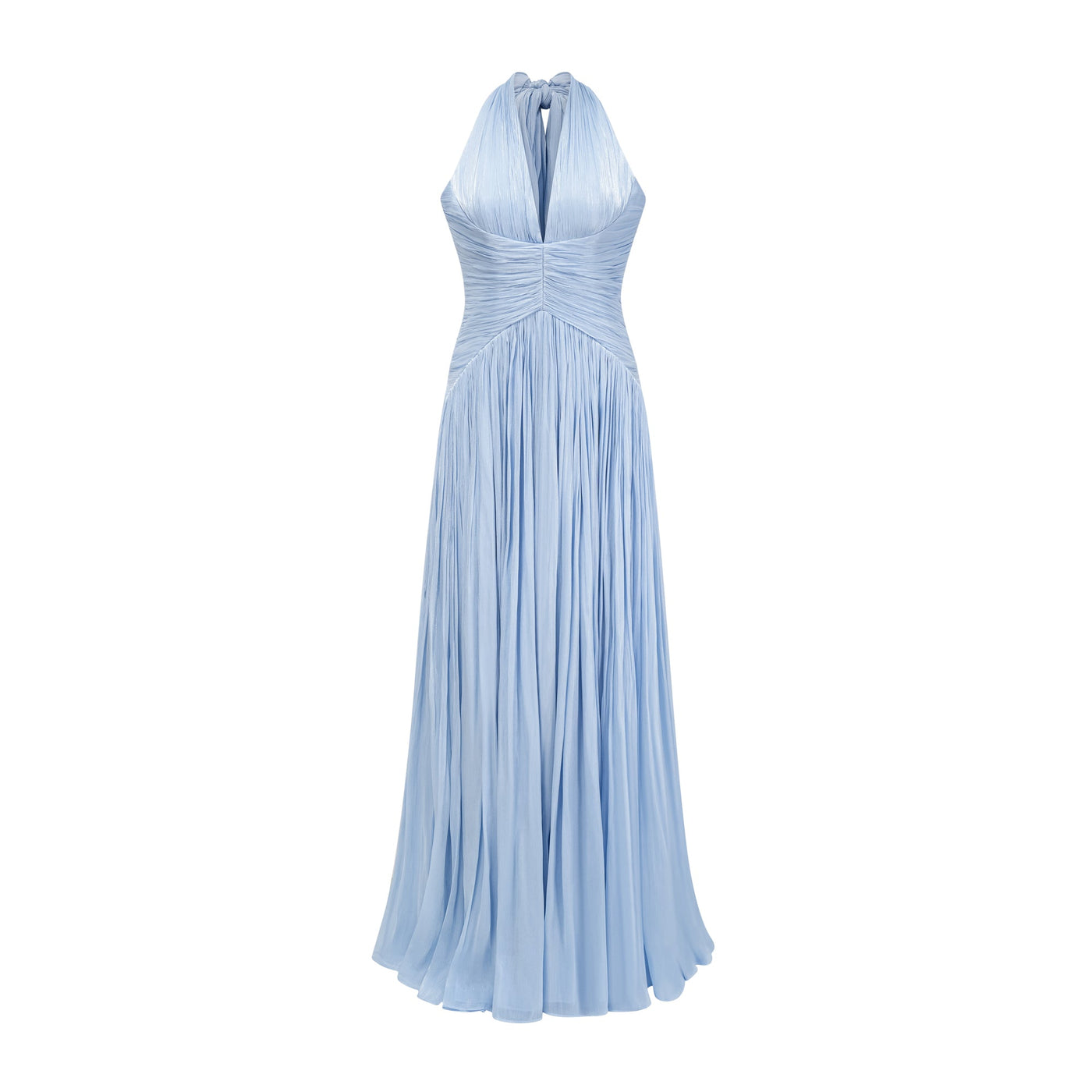 ATISSE TÉRÉBENTHINE – Damen-Maxikleid aus plissiertem Satin mit tiefem V-Ausschnitt – Himmelblau