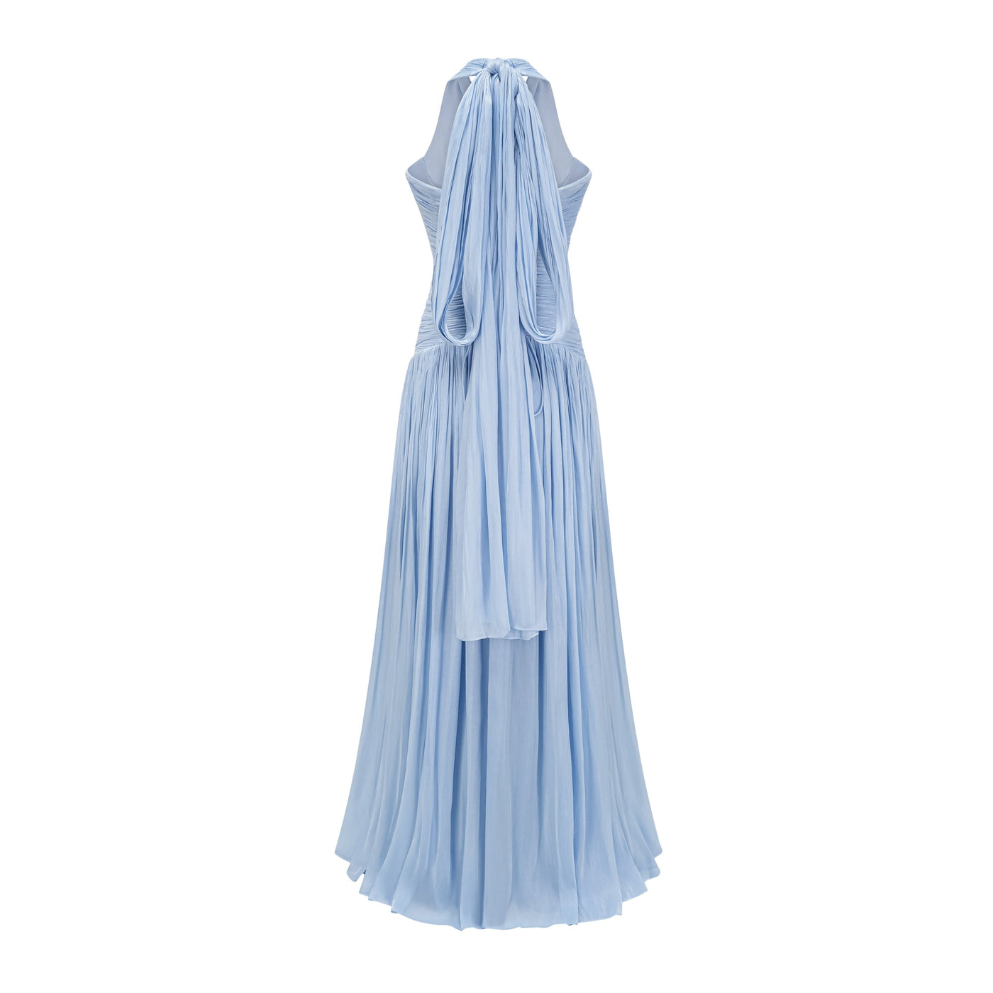 ATISSE TÉRÉBENTHINE – Damen-Maxikleid aus plissiertem Satin mit tiefem V-Ausschnitt – Himmelblau