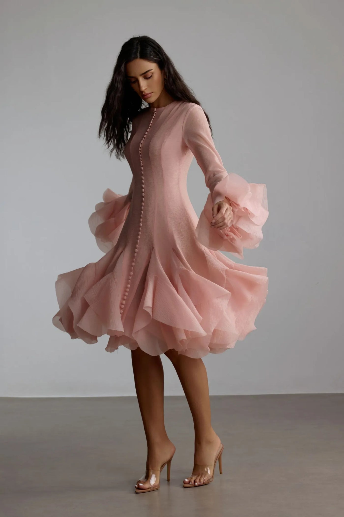 ATISSE CARTER – Vestido midi con volantes para mujer – Vestido de fiesta rosa empolvado de manga larga