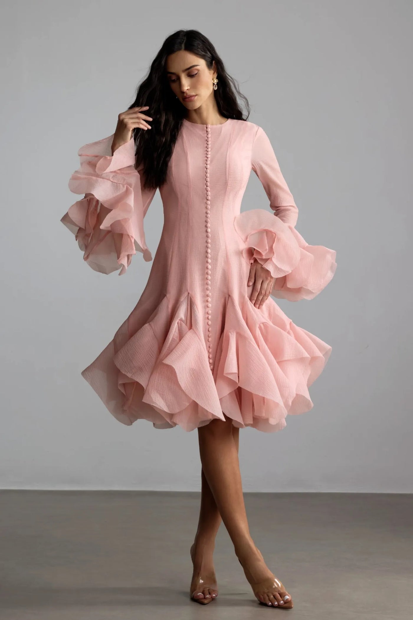 ATISSE CARTER – Vestido midi con volantes para mujer – Vestido de fiesta rosa empolvado de manga larga