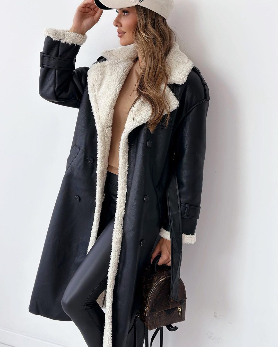 ATISSE – Women's Luxury Teddy Coat – Double-Breasted Faux Shearling Trench Coat – Warm Winter Outerwear