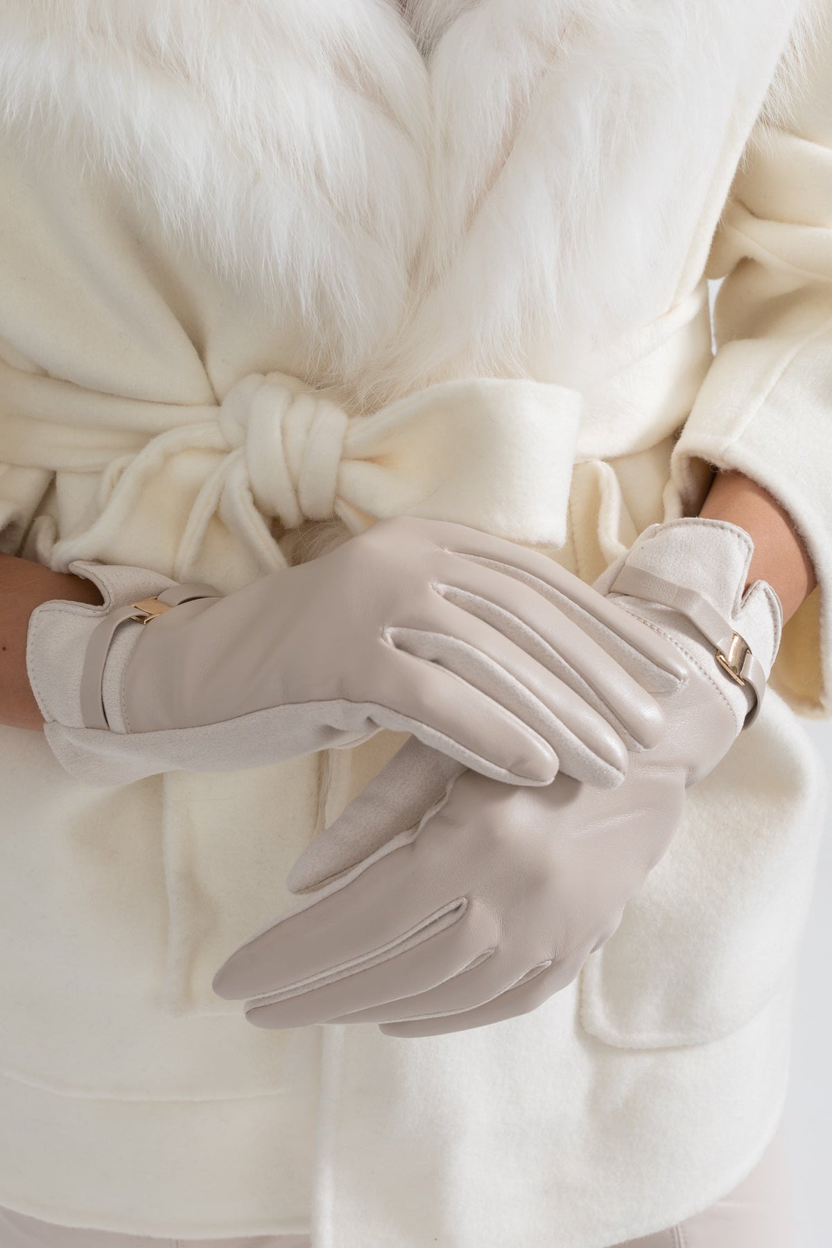 ATISSE – Women’s Beige Vegan Leather & Suede Gloves – Gold Buckle Winter Gloves