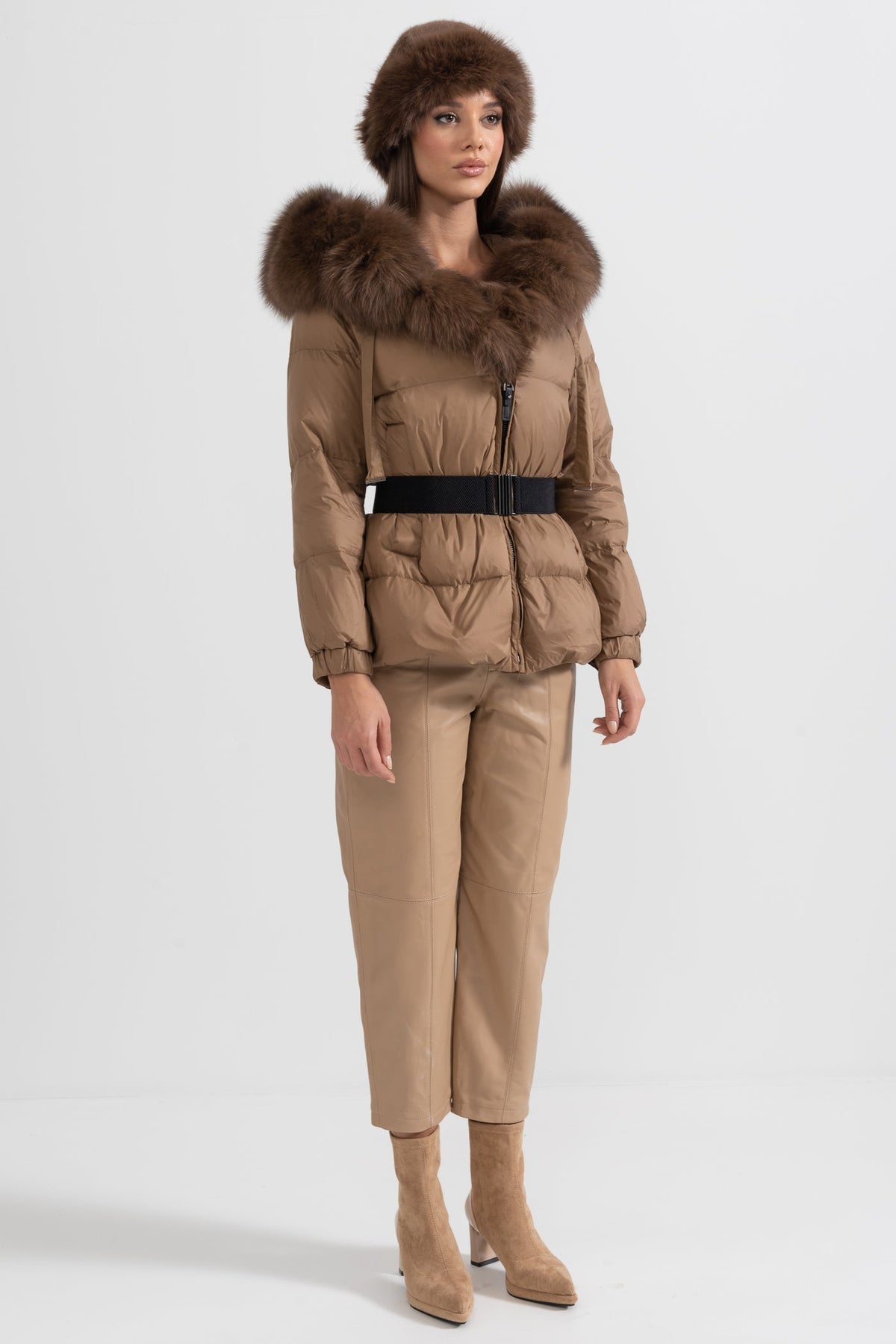 ATISSE – Women’s Brown Puffer Jacket – Brown Fox Fur Hood – Luxury Down Winter Coat
