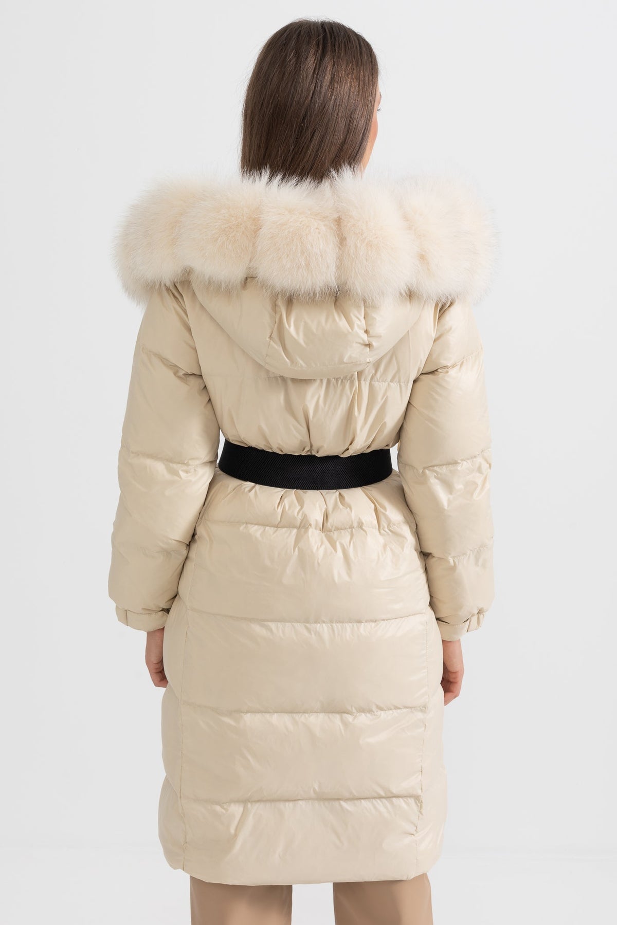 ATISSE – Women’s Long Puffer Jacket – White Fox Fur Hood – Ivory Down Winter Coat