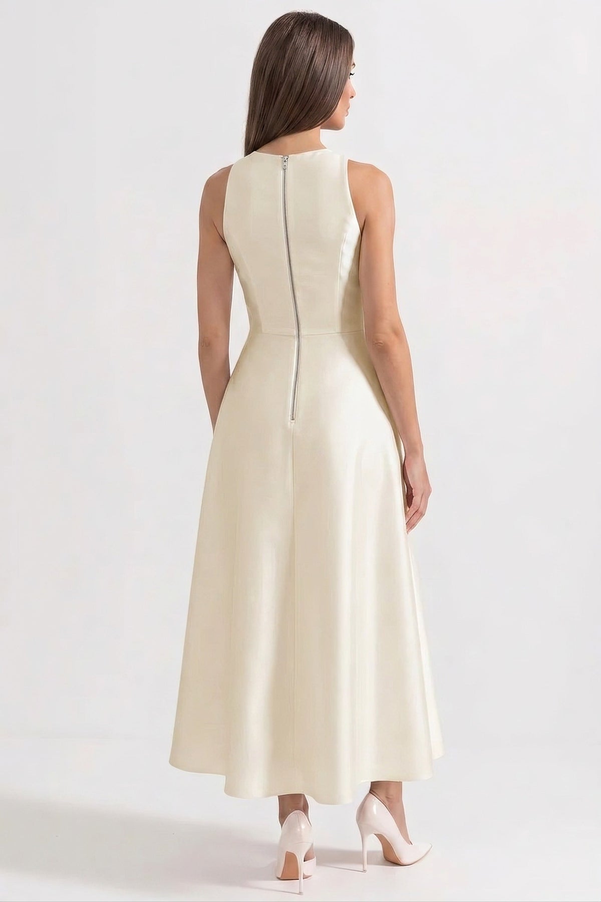 ATISSE – Women’s Ivory Maxi Dress – Halter Neck Black Bow Evening Dress