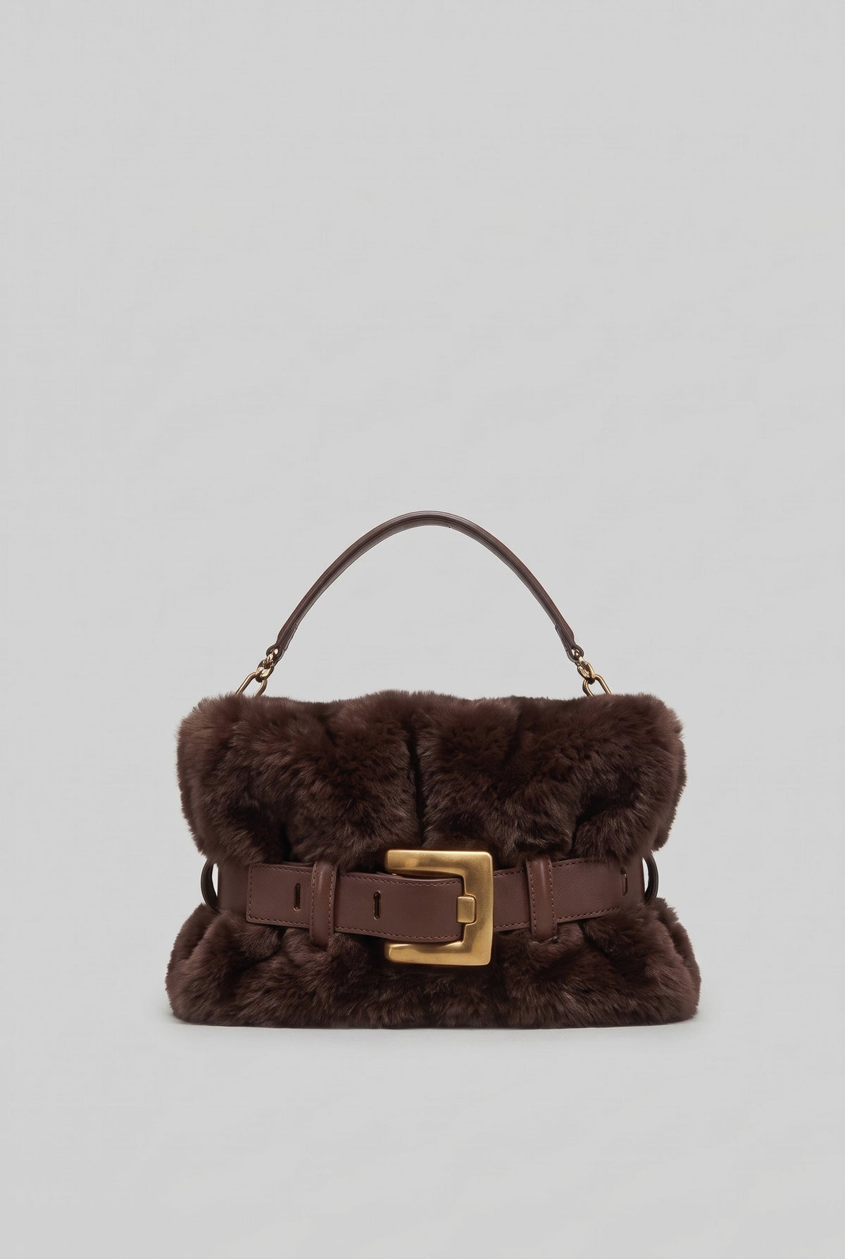 ATISSE – Women's Brown Faux Fur Handbag – Fluffy Top Handle Bag with Gold Buckle & Belt Detail