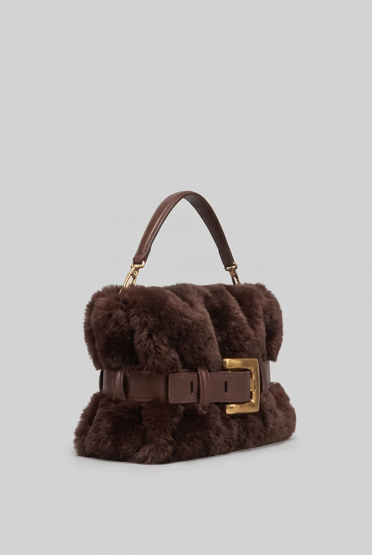 ATISSE – Women's Brown Faux Fur Handbag – Fluffy Top Handle Bag with Gold Buckle & Belt Detail