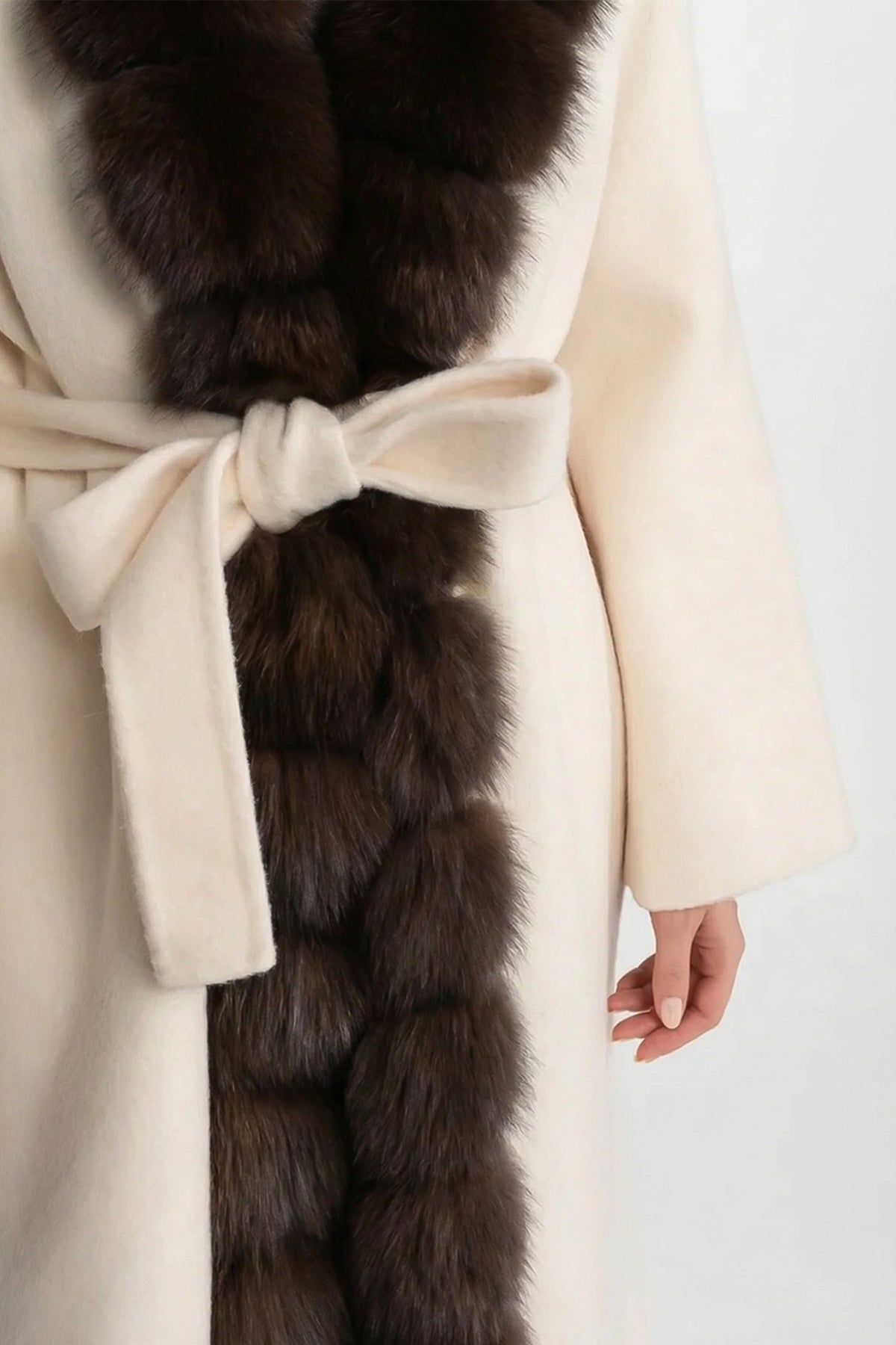 ATISSE – Women's Ivory Long Wool Coat – Brown Fox Fur Front Trim, Belted Wrap Winter Coat