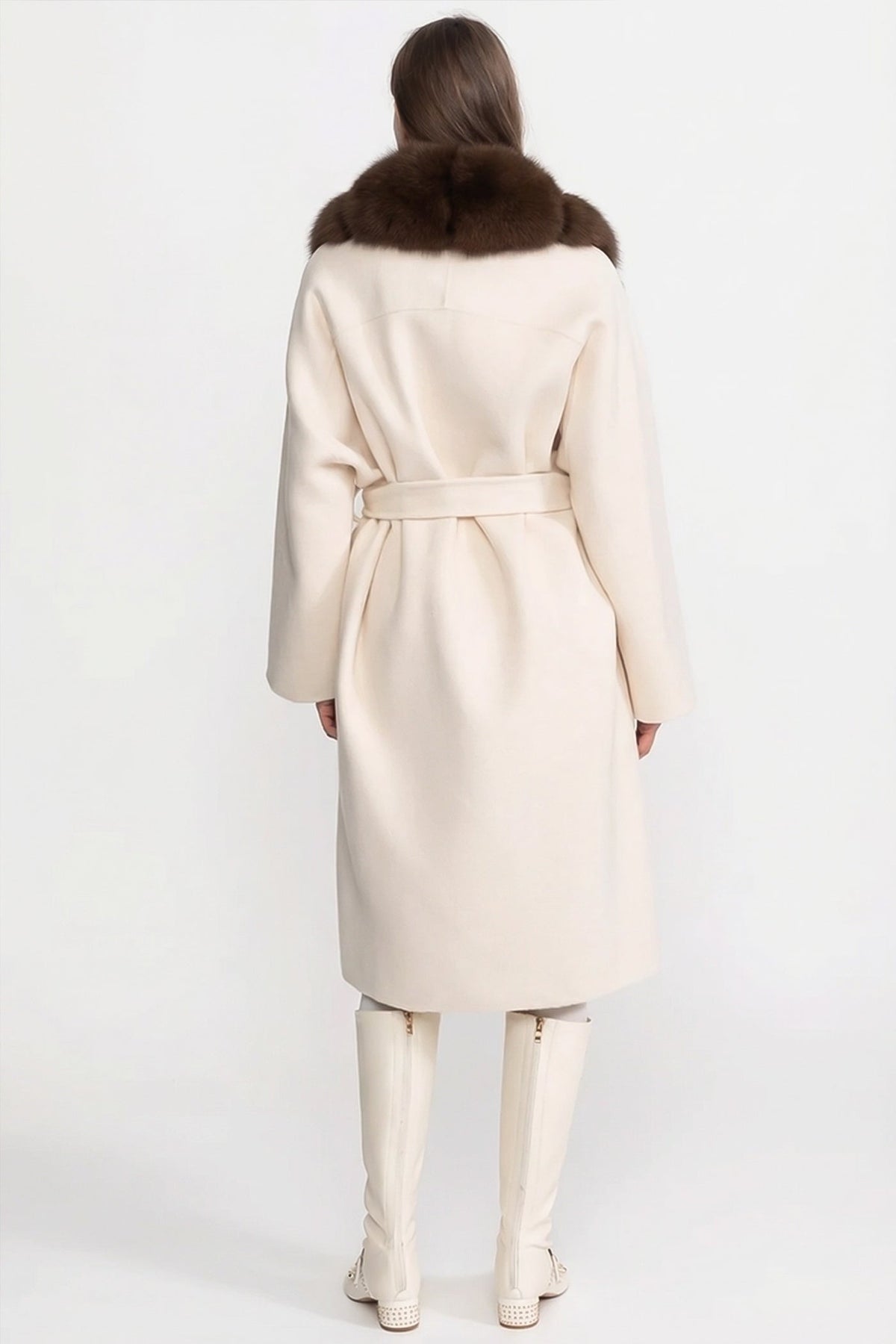 ATISSE – Women's Ivory Long Wool Coat – Brown Fox Fur Front Trim, Belted Wrap Winter Coat