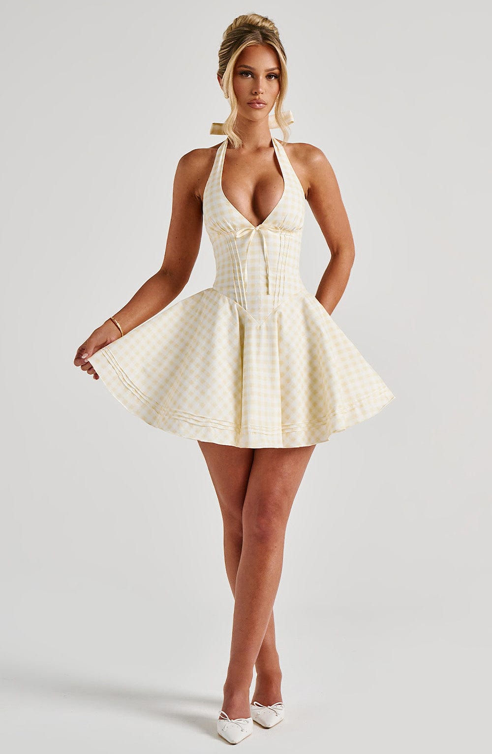 ATISSE LEMON GARDEN — Kariertes Mini-Halterneck-Kleid mit Vichy-Karos in Zitronengelb