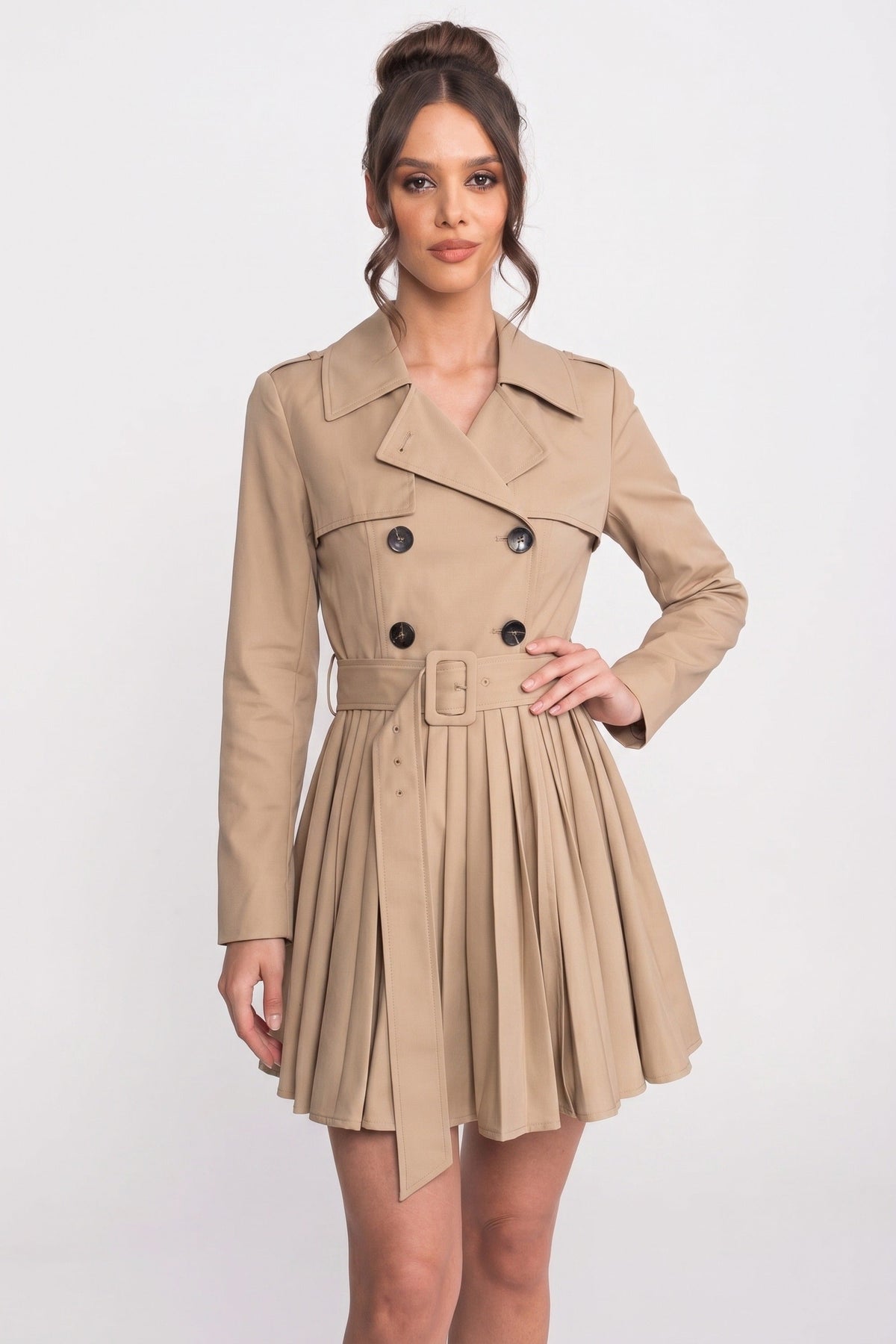 ATISSE – Women’s Pleated Trench Coat – Double-Breasted Belted Khaki Jacket