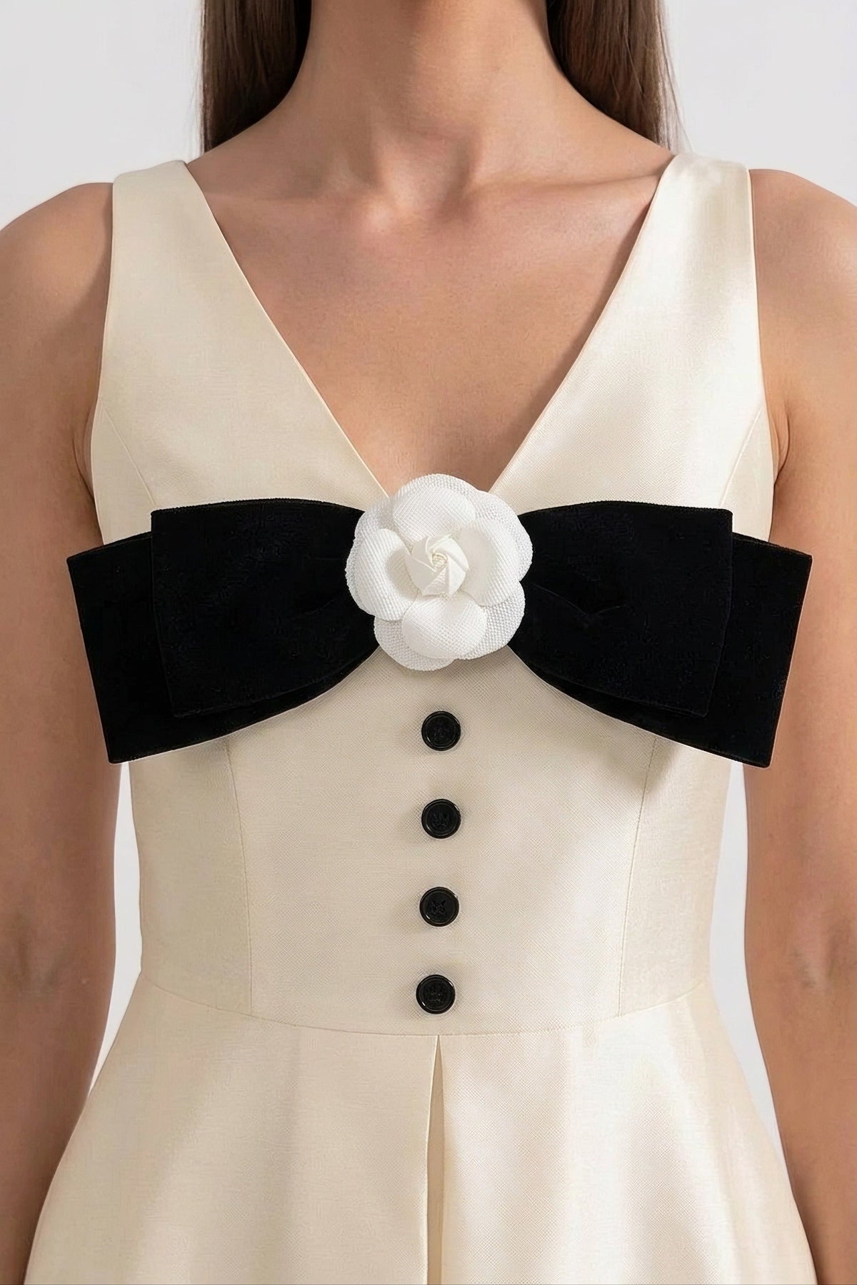 ATISSE – Women’s Ivory Maxi Dress – Halter Neck Black Bow Evening Dress
